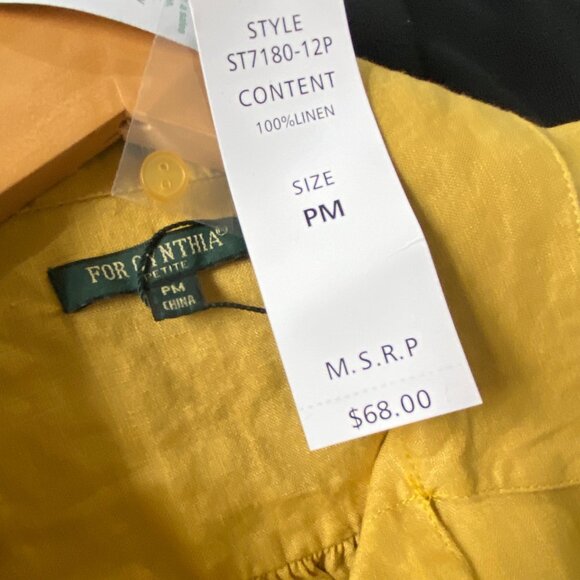 size PM petite medium NWT For Cynthia mustard yellow linen short slv button blou - Picture 3 of 4